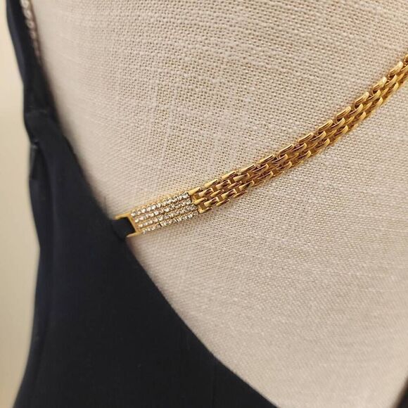 Maggy London Black Slip Dress Open Back with Cross Over Gold Chain/Rhinestone Wo - Picture 4 of 10